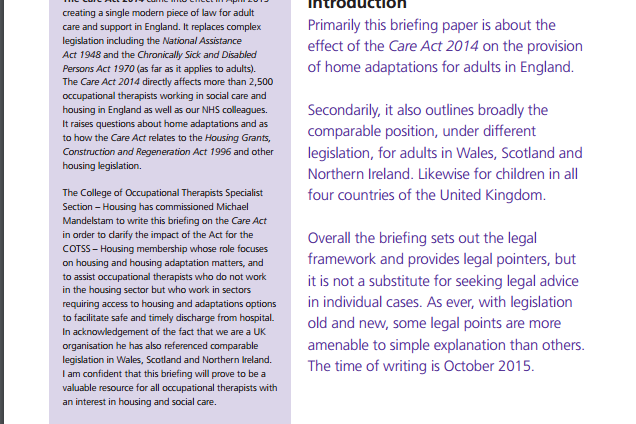 Home adaptations: The care act 2014 and related provision across the United Kingdom (2016)