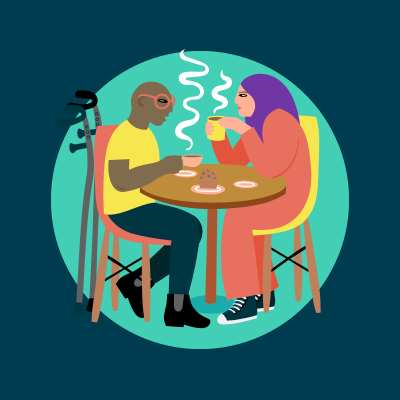 Illustration of two people drinking tea         