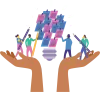 The image shows two hands cupped to support learners who are standing on them holding pencils.  In between the learners is a large lightbulb which has multiple stickers notes on it - as if the learners are writing on each sticker. 
