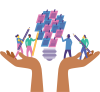 The image shows two hands cupped to support learners who are standing on them holding pencils.  In between the learners is a large lightbulb which has multiple stickers notes on it - as if the learners are writing on each sticker. 