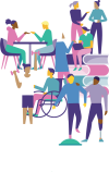 This image shows groups of people working together.  There are people sat at a table talking. Two people are stood talking together holding teacups.  One person is sat on stacked books working on a laptop. A pair a working out using weights, once person is is standing and the other is seated in a wheelchair.  Another pair are practicing balancing.  One person stood on a balance board and the other person supporting their shoulder - this person has a prosthetic leg.