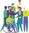The image shows a diverse group of seven people standing and sitting together, including a person using a wheelchair.  The group is depicted in bright, overlapping colours, with people connecting through conversation and gestures to represent inclusion, teamwork and valuing each other. 