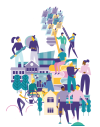 Illustration showing people learning, collaborating and contributing to a community, surrounded by books, education symbols and shared knowledge.