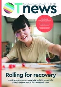 July cover of OTnews. Image shows a person working at a table