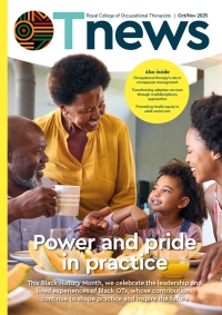 October/november cover of OTnews. Image shows a family laughing at a table