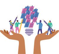The image shows two hands cupped to support learners who are standing on them holding pencils.  In between the learners is a large lightbulb which has multiple stickers notes on it - as if the learners are writing on each sticker. 