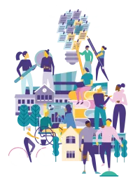 Illustration showing people learning, collaborating and contributing to a community, surrounded by books, education symbols and shared knowledge.