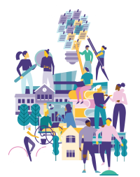 Illustration showing people learning, collaborating and contributing to a community, surrounded by books, education symbols and shared knowledge.
