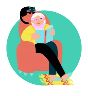 Illustration of women reading book sat in armchair