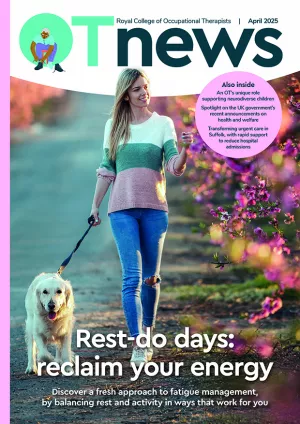 April cover of OTnews featuring a person walking a dog