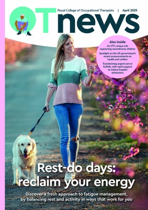 April cover of OTnews featuring a person walking a dog