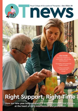 December cover of OTnews. Image shows two people in a therapy session