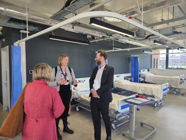 Gary with Dr Liz Cade and Rhiannon MacPherson touring Wrexham University’s simulation centre 