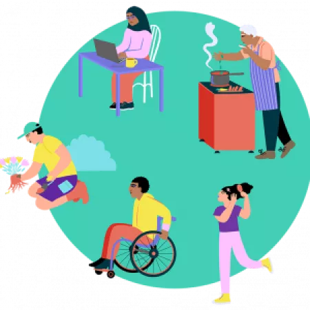 illustrations of people doing various activities including: gardening, typing, cooking, moving in a wheelchair and brushing hair