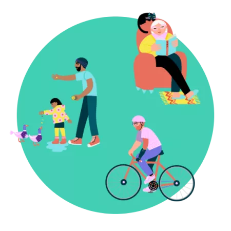 illustration of people reading, feeding the ducks and riding a bike