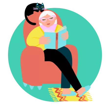 Illustration of women reading book sat in armchair