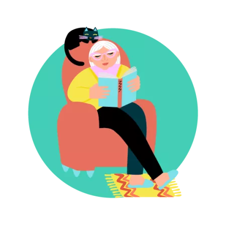 Illustration of women reading book sat in armchair