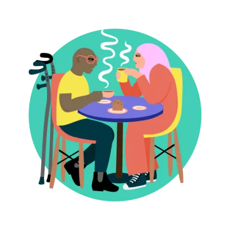 illustration of people sat down with a hot drink